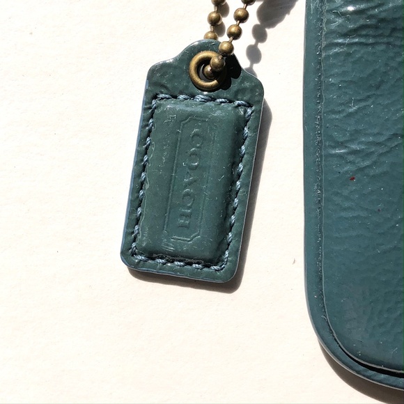 Coach Patent Leather Small Wristlet Wallet Teal Blue Embossed zipper brass plaid - Picture 4 of 7